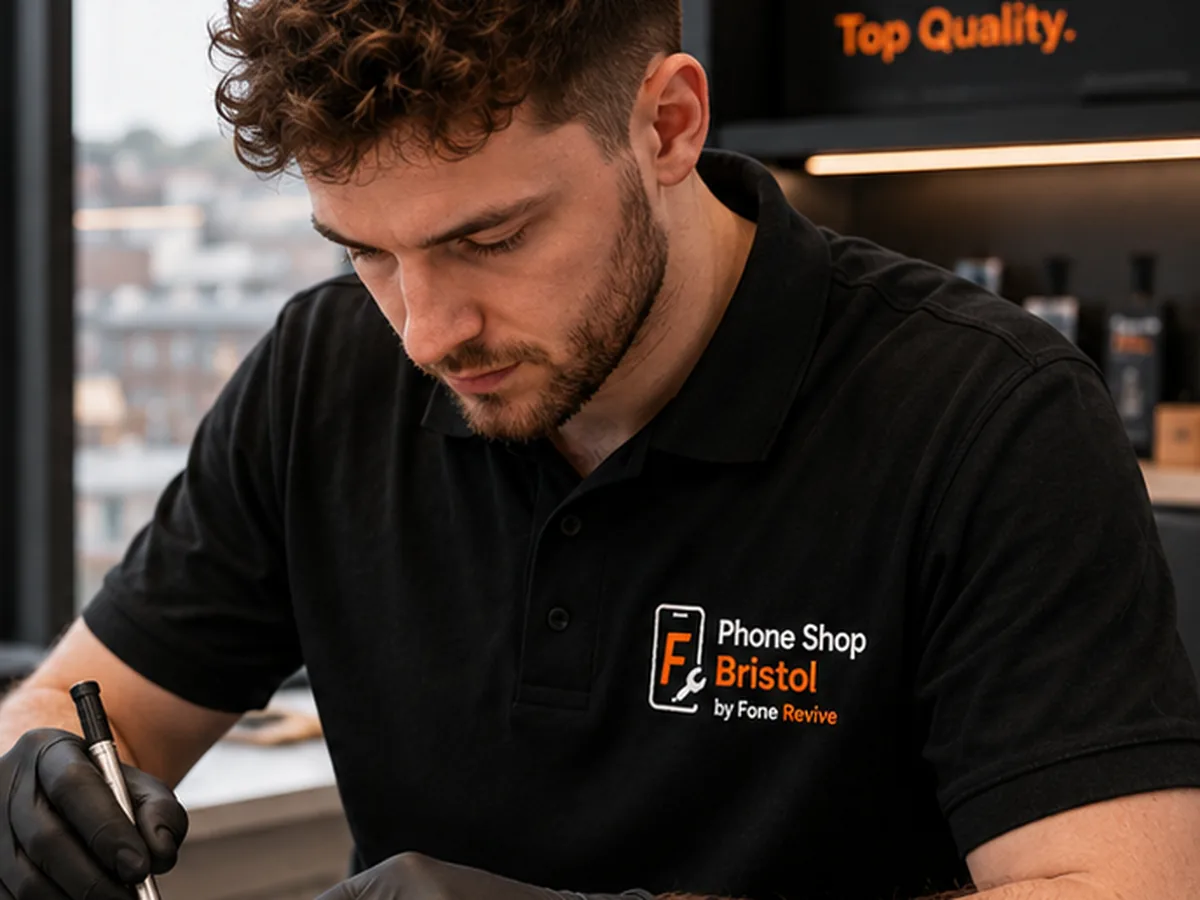 Bristol technician completing a phone screen and battery repair