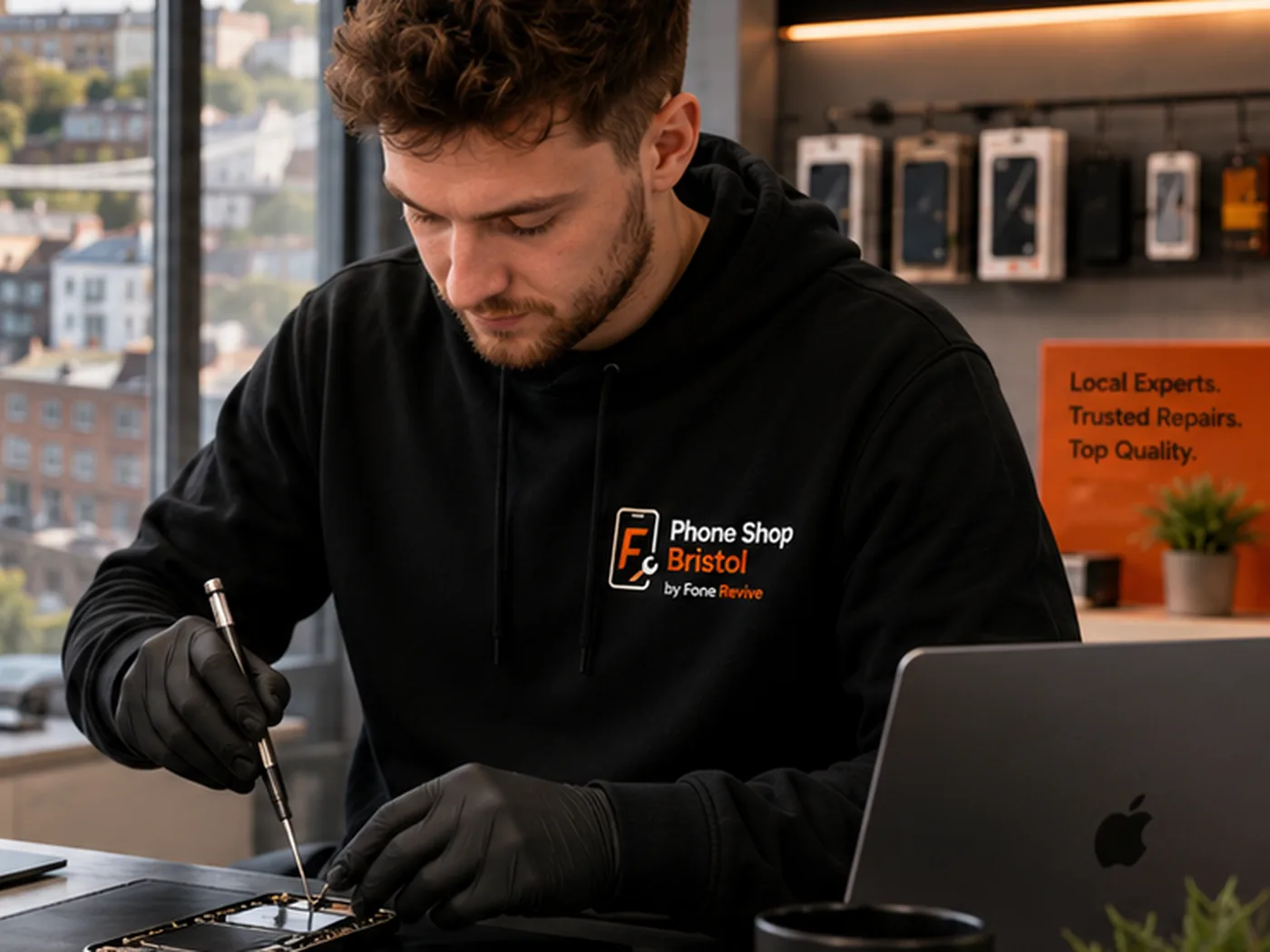 Phone repair technician working on a smartphone in a Bristol repair workshop