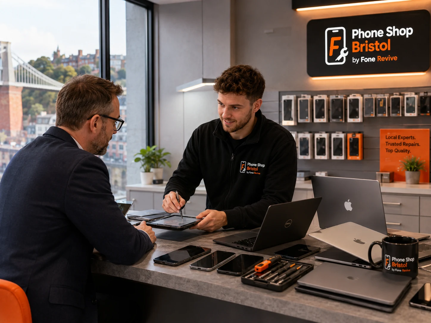 Refurbished phones and laptops displayed in a Bristol shop