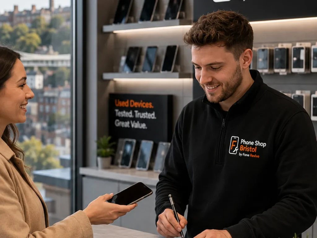 Customer selling a phone at a Bristol device shop counter